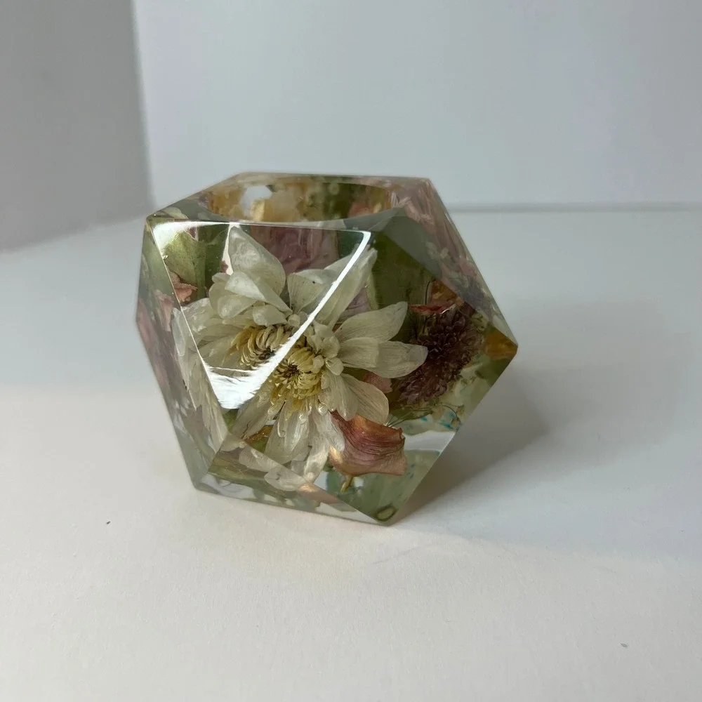 Preserved Flower Candle Holder Resin Keepsake Hexagon‎ 3 x 4